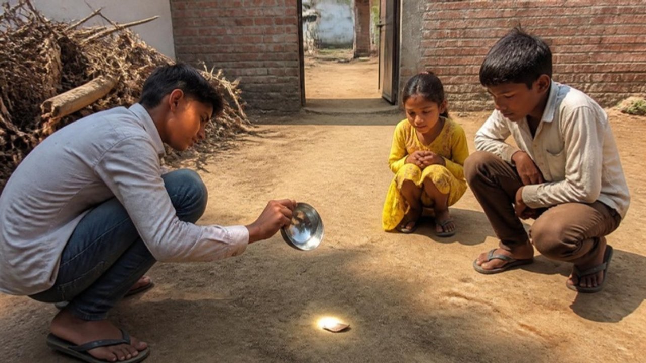Aangan mein ek ladka chamakti steel katori se dhoop ka chhota chamakta dot zameen par banata hai, do bachche dekh rahe hain