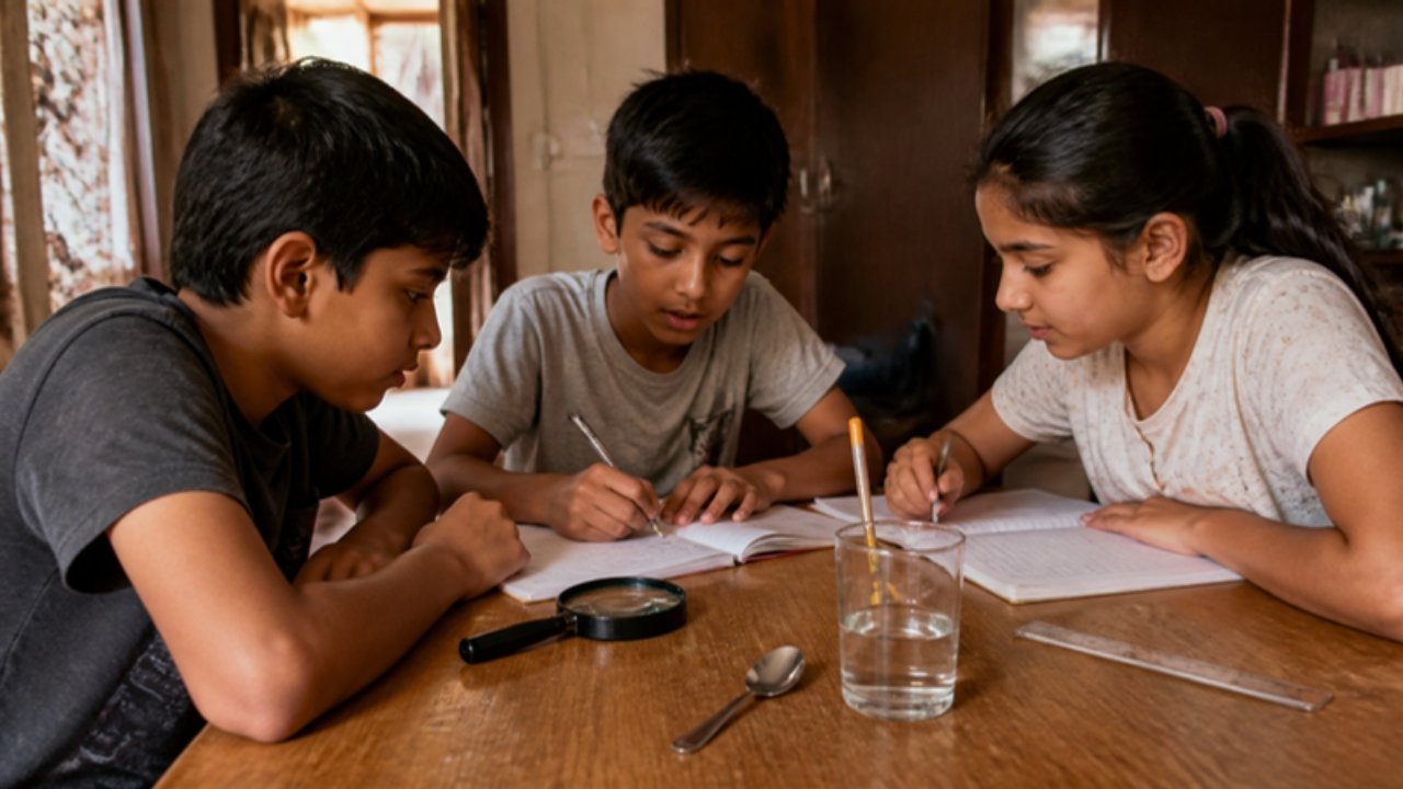 Teen bachche ghar ki lakdi ki table par homework kar rahe hain; saamne magnifying glass, steel ki chammach aur paani bhara glass jiske peeche pencil hai
