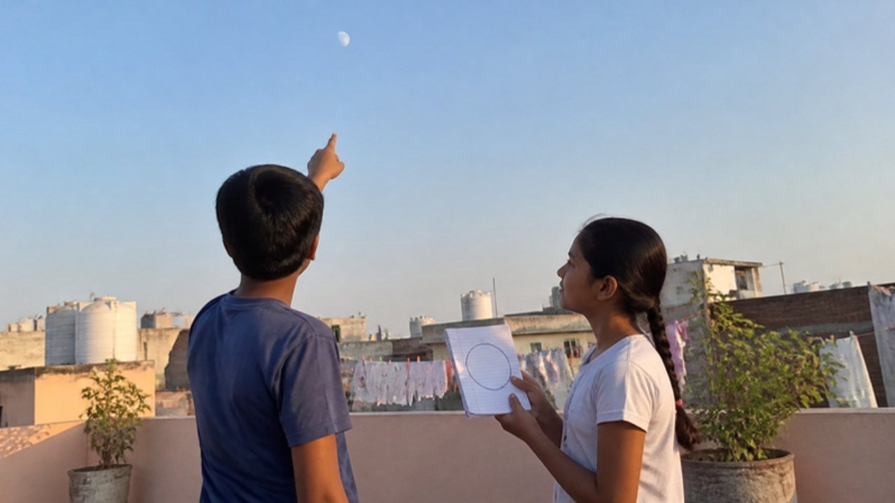 Subah-subah chhat par do bachche aasmaan mein dikh rahe aadhe Chand ko dekh rahe hain