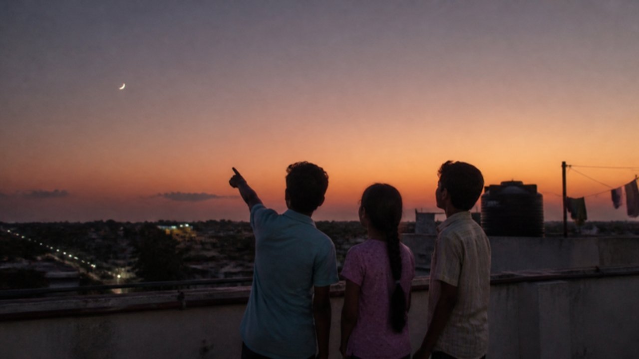 Shaam ko chhat par teen bachche paschim mein sooraj doobne ke baad patle Chand ko dekh rahe hain