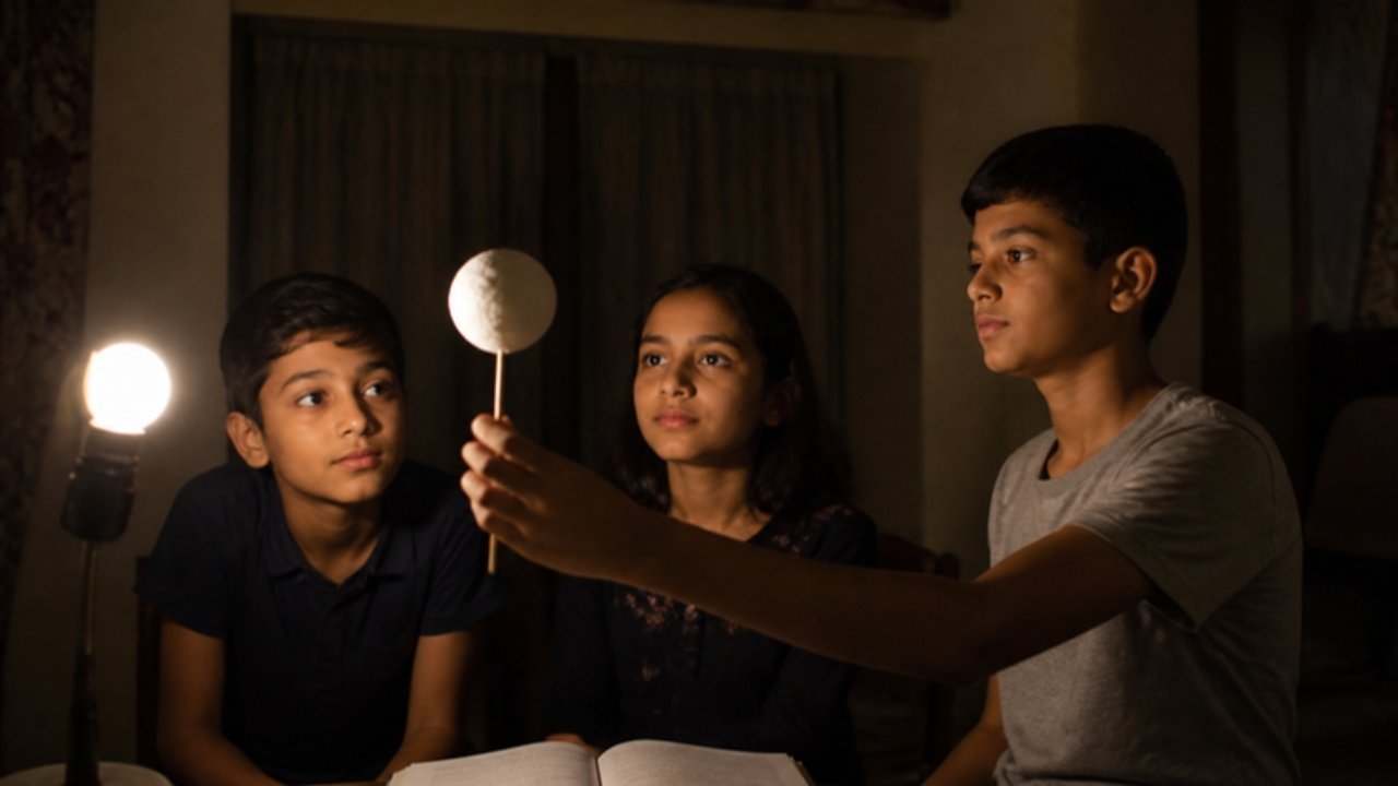 Andhere kamre mein teen bachche lamp ki roshni mein safed gend pakad kar Chand ke phases ka model bana rahe hain