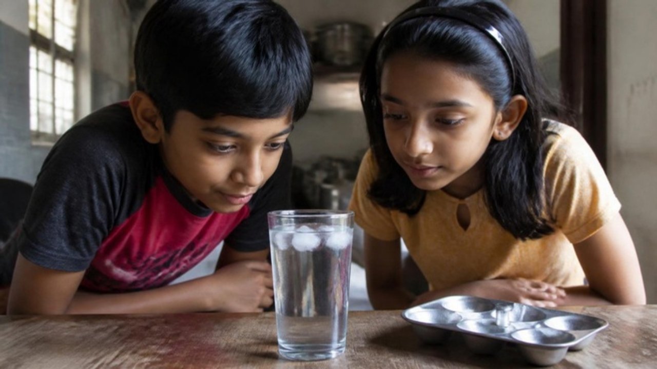 Do bachche paani ke glass mein tairte barf ke tukdon ko dhyaan se dekh rahe hain