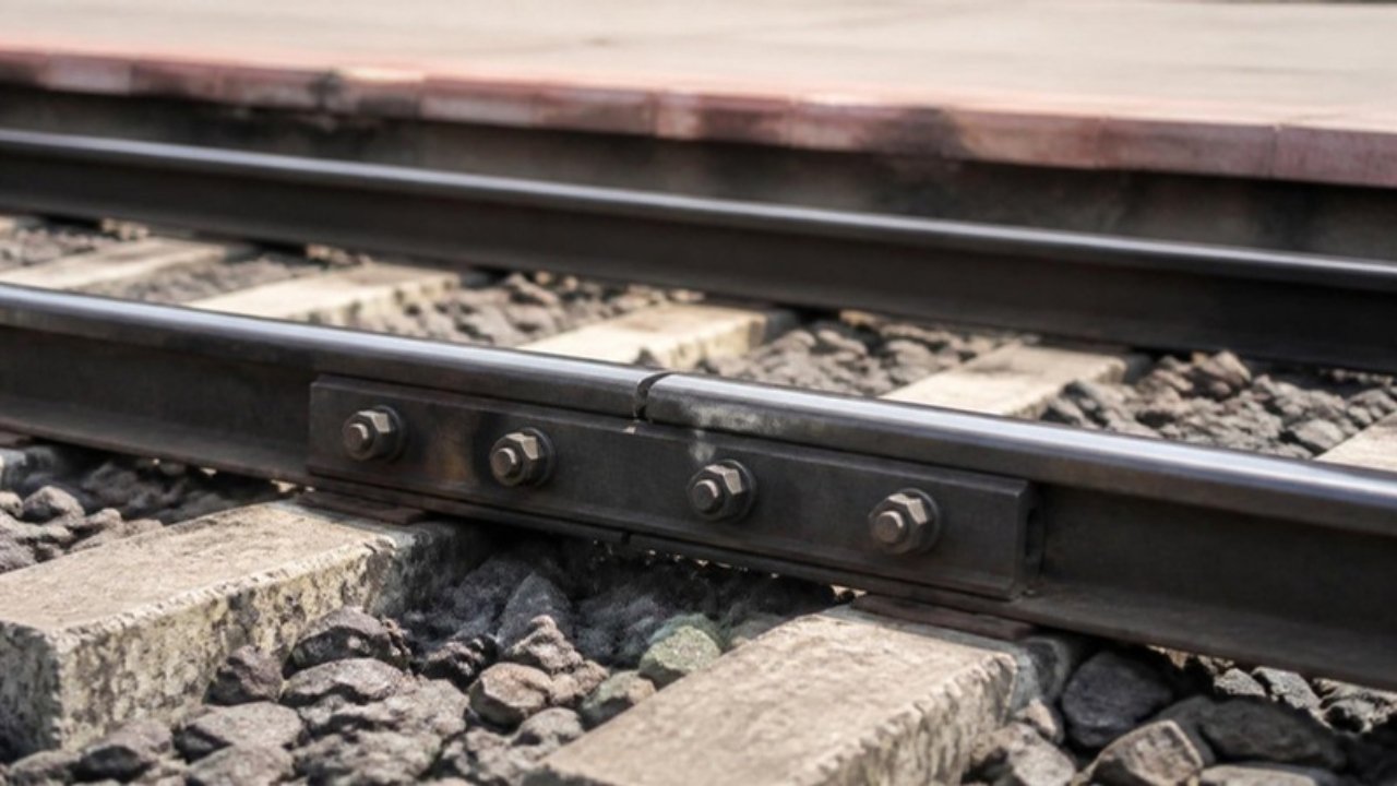 Railway patri ka jod jahan do steel patriyon ke beech chhota gap hai aur dono ko bolt wali plate se joda gaya hai