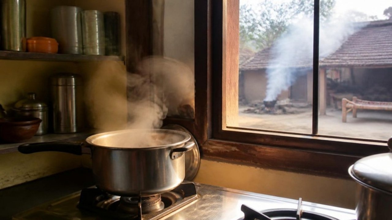 Rasoi mein gas pe garam bartan se uthti safed bhaap, aur khidki ke bahar door aangan mein chulhe se uthta dhuan