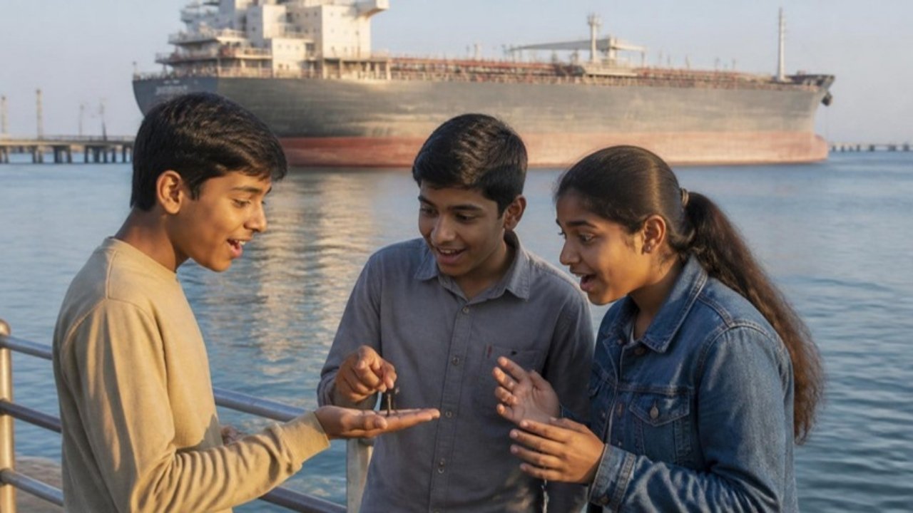 Bandargaah pe teen bachche, peeche samudra mein tairta bada lohe ka jahaz, ek bachche ki hatheli pe chhoti lohe ki keel