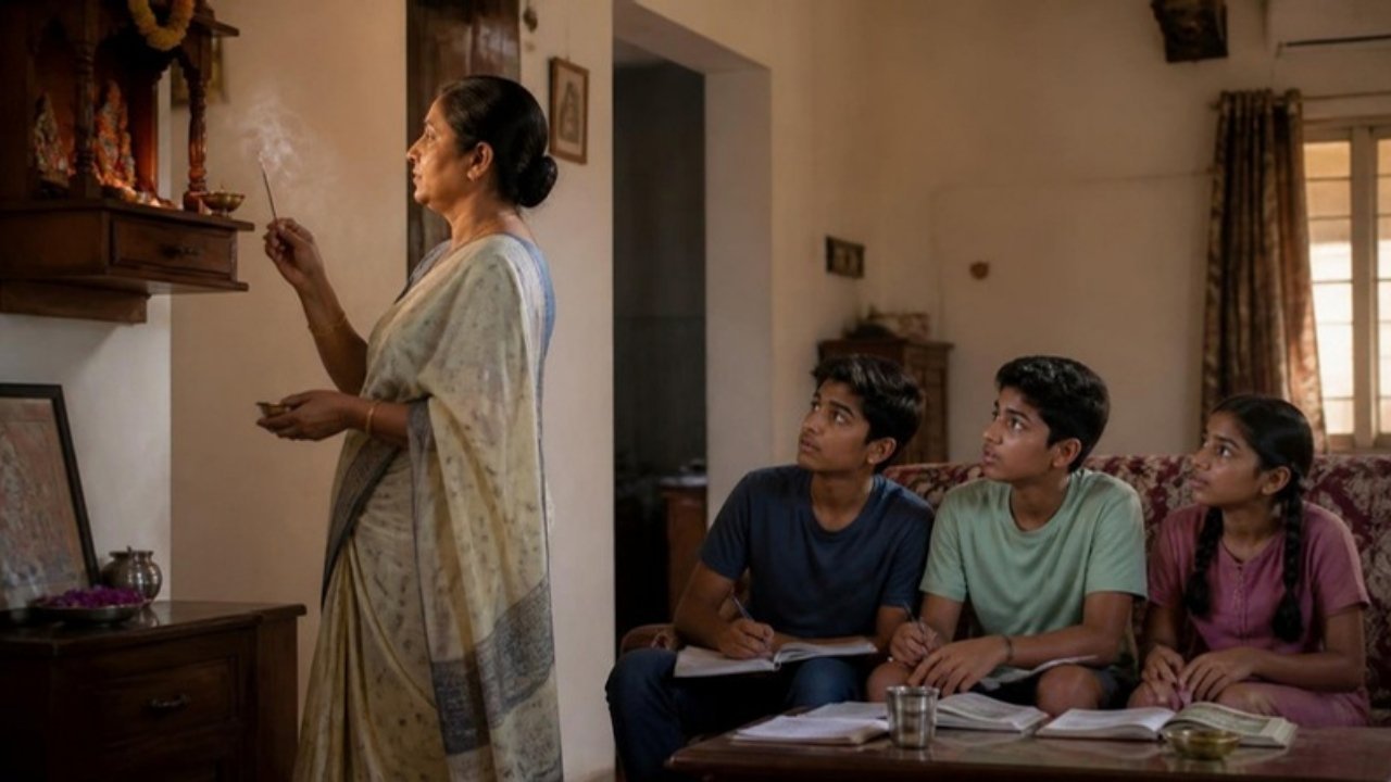 Shaam ko ghar ke kone mein agarbatti jal rahi hai aur kamre ke doosre kone mein homework karte teen bachche hairaani se soongh rahe hain