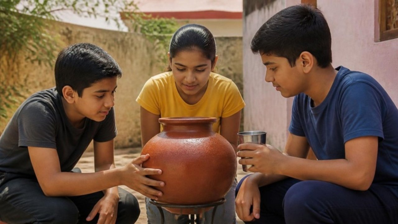 Teen bachche aangan mein rakhe mitti ke matke ko dhyan se dekh rahe hain, ek ke haath mein steel ka glass hai