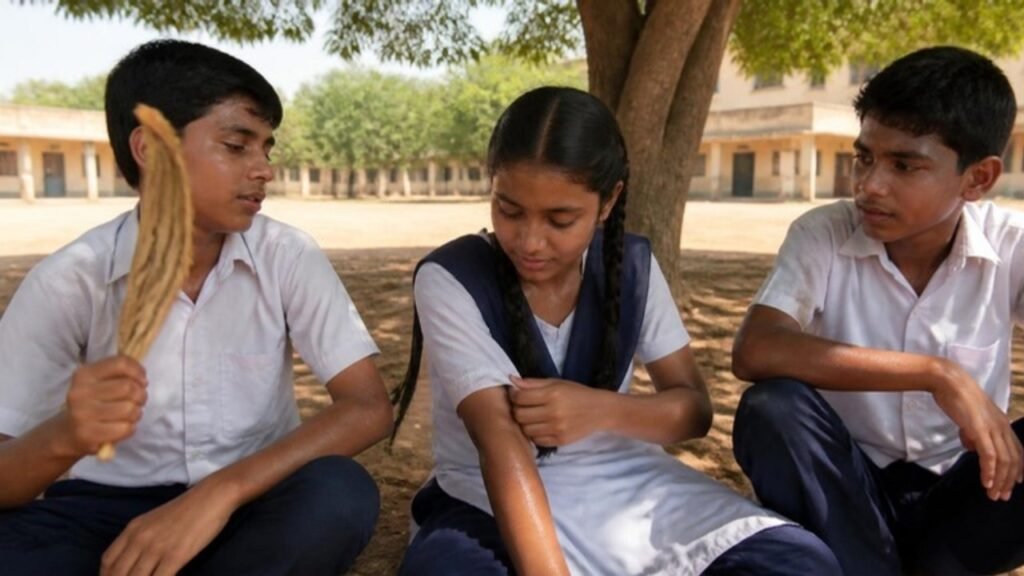 Garmi mein khelne ke baad paseene se bheege teen bachche neem ke ped ki chhaon mein baithe hain, ek pankha jhal raha hai