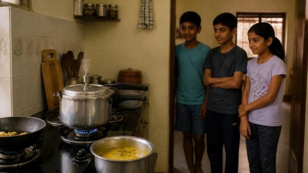 Rasoi mein gas pe seeti deta steel ka pressure cooker aur doorway se use dhyaan se dekhte teen bachche