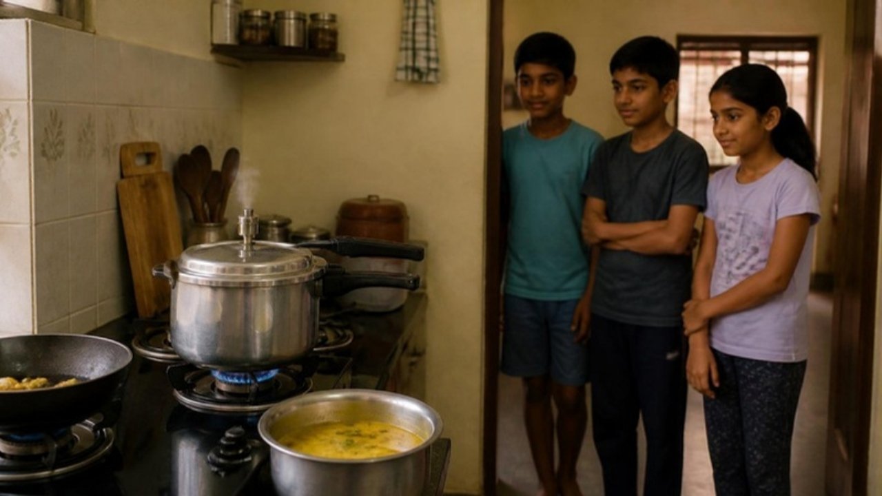Rasoi mein gas pe seeti deta steel ka pressure cooker aur doorway se use dhyaan se dekhte teen bachche