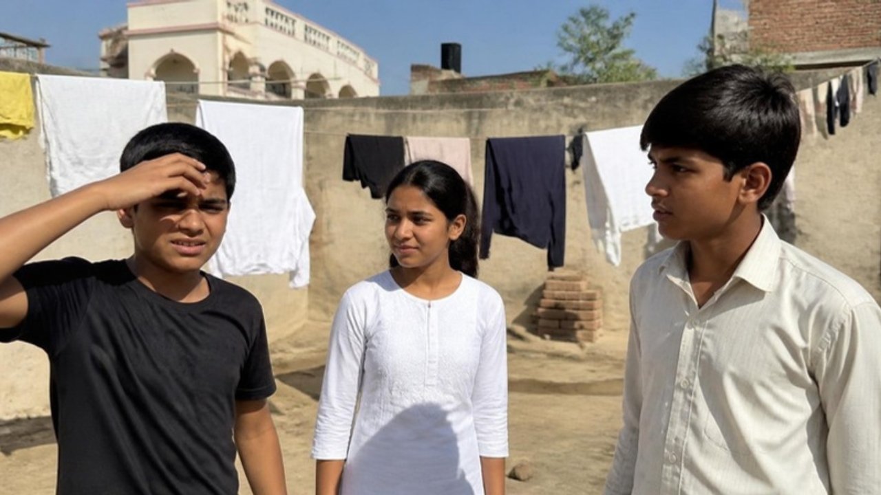 Tez dhoop mein aangan mein khade teen bachche, kaali T-shirt wala ladka maathe ka paseena pochh raha hai aur safed kurta pehne ladki aaraam se khadi hai
