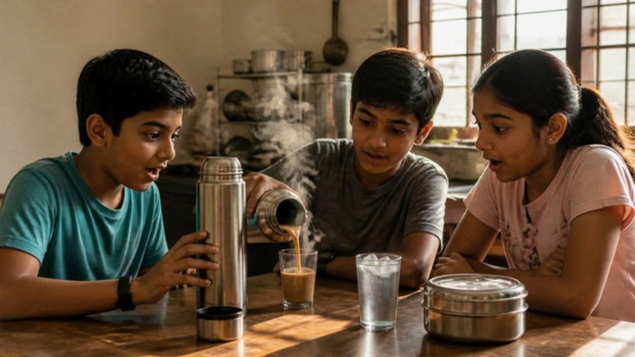Ghar ki mez pe teen bachche hairaani se steel ke thermos ko dekh rahe hain, thermos se garam chai glass mein daali ja rahi hai aur paas mein barf wala thanda paani rakha hai