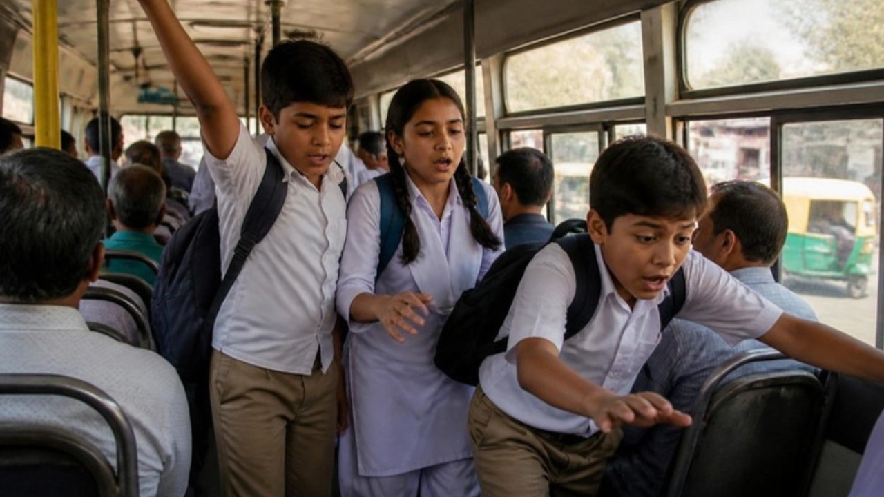 Bhari city bus mein brake lagne pe teen school ke bachche aage ki taraf ladkhada rahe hain, ek ne upar ka handle pakda hai