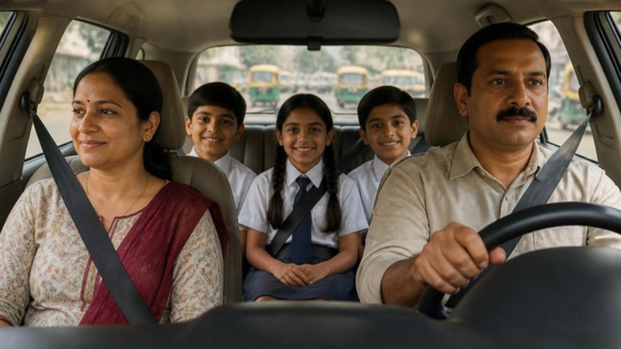 Ek Bharatiya parivaar car mein: papa gaadi chala rahe hain, mummy aage baithi hain, dono ne seat belt pehna hai, aur peeche teen school ke bachche baithe hain