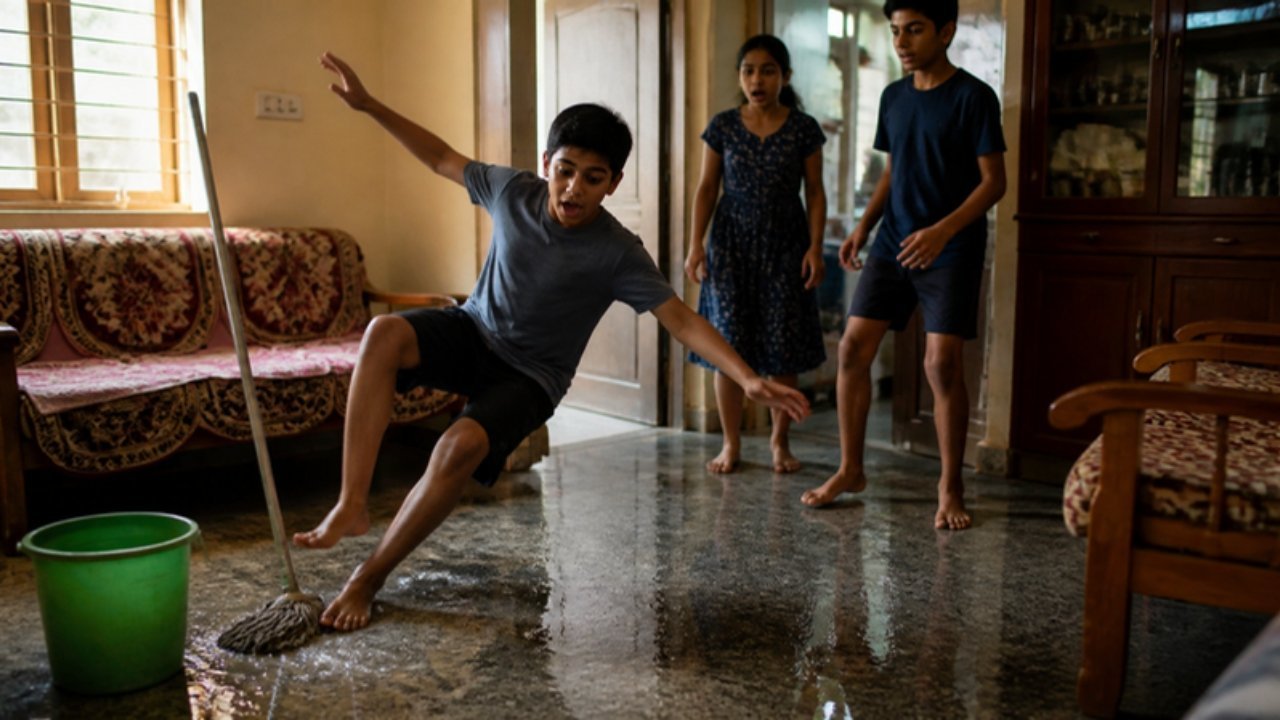 Ek Bharatiya ghar mein abhi-abhi pocha laga chamakta geela farsh, paas mein balti aur pocha, ek ladka phisalte hue haath hawa mein faila ke santulan bana raha hai aur do bachche hairaan hoke dekh rahe hain