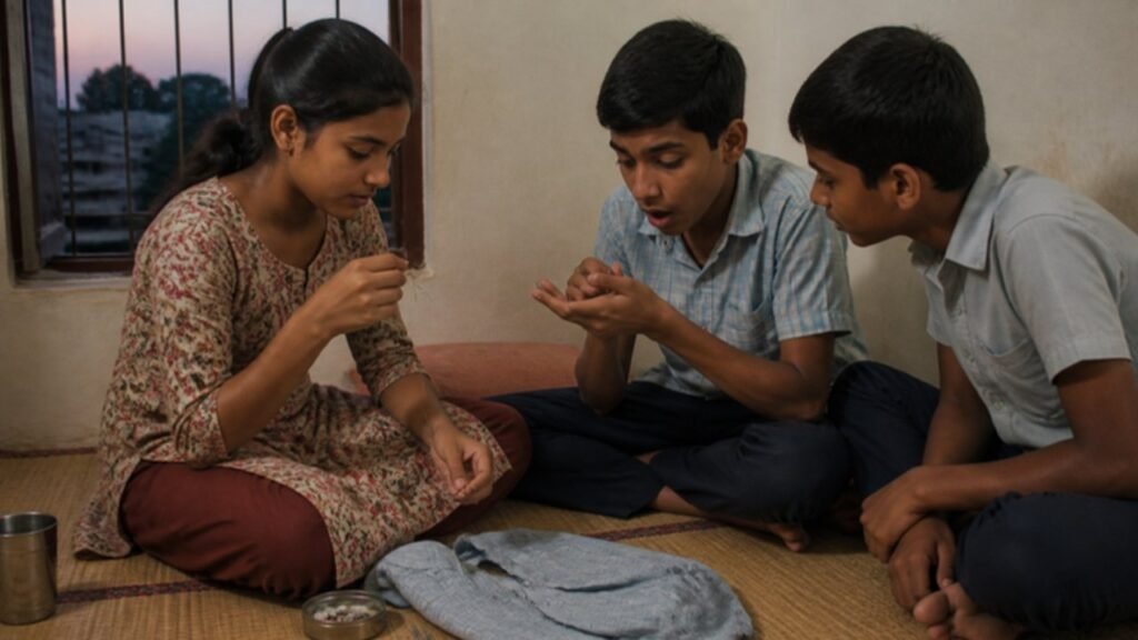 Ghar mein chatai pe baithi ladki sui-dhaage se button taank rahi hai, paas baitha ladka sui chubhne ke baad apni ungli dekh raha hai aur ek aur ladka hairaan hoke dekh raha hai