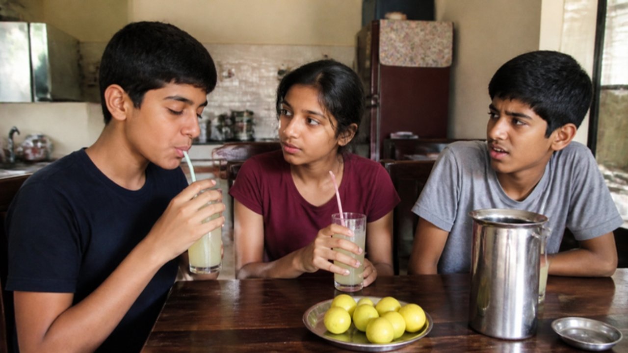 Garmi ki dopahar mein ghar ki rasoi ki mez pe teen bachche baithe hain, ek ladka straw se nimbu paani pee raha hai, ladki ke haath mein bhi straw wala glass hai aur doosra ladka sochte hue dekh raha hai