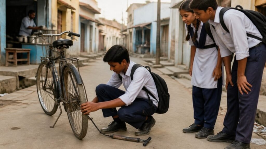 Gali mein school ka ladka cycle ka pichka tyre angoothe se daba raha hai, paas mein hawa bharne ka pump pada hai aur do dost dekh rahe hain