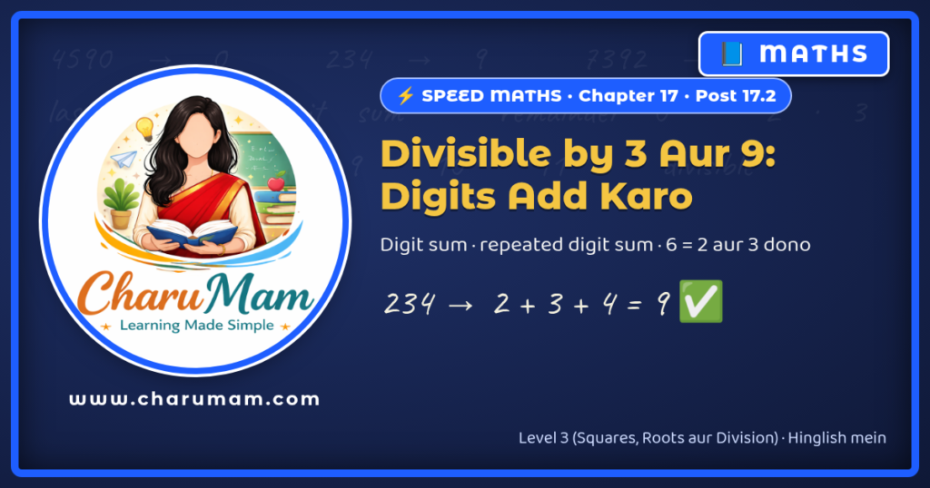 CharuMam Speed Maths 17.2: Divisible by 3 Aur 9: Digits Add Karo (Aur 6 Ka Rule)