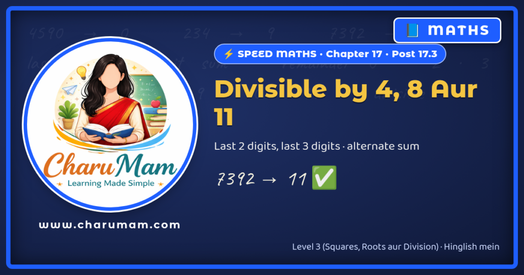 CharuMam Speed Maths 17.3: Divisible by 4, 8 Aur 11: Last Digits Aur Alternate Sum