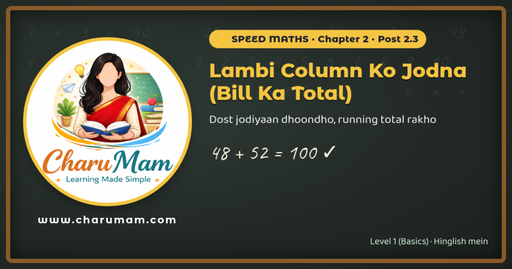 Charu Mam Speed Maths 2.3: lambi column ka jod, dost jodiyaan 48 + 52 = 100